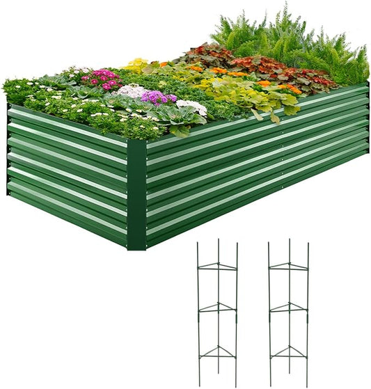 Quictent Galvanized Raised Garden Bed Metal Planter Box Bottomless for Backyard Outdoor, Include 1 pc Tomato Cage, Dark Green, 6x3x2 Ft