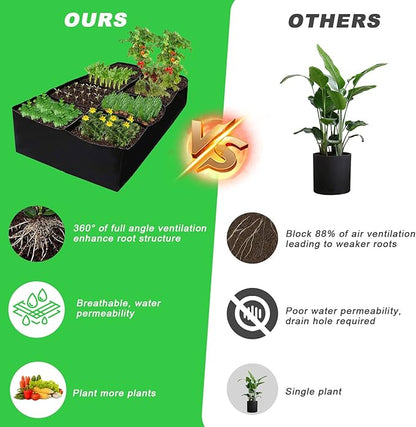 Longzhuo Grow Bags, 1 Pack Rectangular (6x3x1 Ft) 8 Grids - Breathable Reusable Planting Bags, Fabric Garden Bed for Growing Herbs, Flowers, Vegetables, Other Plants