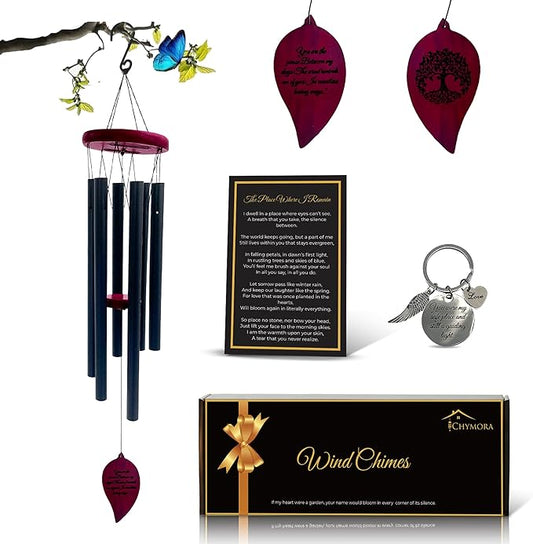 Memorial Wind Chimes for Outside - Aluminum Pipes & Pine wood Windchimes Outdoors - Sympathy Gifts for Loss of Loved One - Includes Letter from Heaven & Keepsake Keychain, Garden Decor - Black