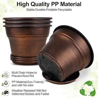 Plant Planters Pots Set of 4 Pack 8 Inch, Plastic Flower Pot For Indoor Plants With Drainage Holes & Trays, Resin Decorative Container Sets With Saucer For House Outdoor Garden Planters Copper