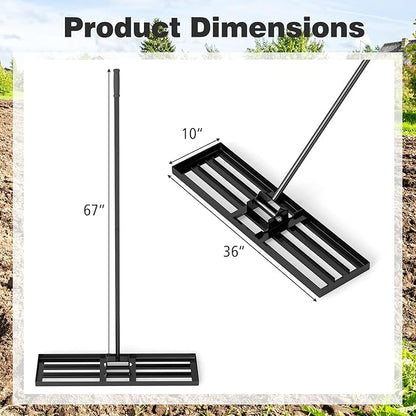 36" x 10" Lawn Leveling Rake, Heavy Duty Landscape Rake with 67" Handle, Non-Slip Grip & Flat Head, Space-Saving Lawn Level Tool for Garden, Backyard, Golf Course & Sports Field(Black)