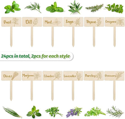 JarThenaAMCS 24Pcs Wooden Plant Label Signs 12 Styles Garden Herb Markers Wood T-Type Tags Reusable Plant Stake Tags with Names for Nursery Indoor Outdoor Garden Decor