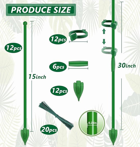 Plant Stakes for Indoor Plants,Toylin 15 Inch Plant Support Stick Orchid Stakes with Spikes and Clips, Plant Poles Extended to 3/4/5ft for Monstera Tomato Orchid Potted Plants Flower (20PCS Green)