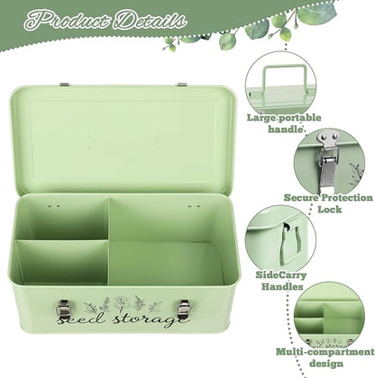 TINSKY Seed Storage Organizer Metal Seed Box with Lid and Locks Seed Saving Bank with 60 Seed Bottles, 30 Plant Labels and 60 Seed Envelopes, 3 Compartments, Suitable for Garden Floweren