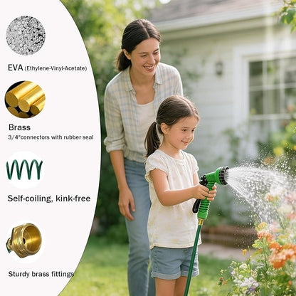 100FT Kink-Free EVA Coil Garden Hose, 3/4'' Brass Connector Expandable Self Coiling Water Hose with 7 Patterns Spray Nozzle for Lawn, Greenhouse, Patio, Boat, Car Wash