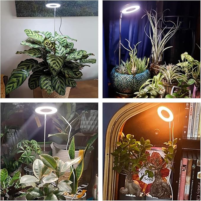 Plant Grow Light, 48 LEDs Full Spectrum Grow Lights for Indoor Plants, Height Adjustable Small Halo Grow Light with Base, 3 Optional Spectrums, Auto Timer 3/9/12Hrs, 10 Brightness, 3 Pack