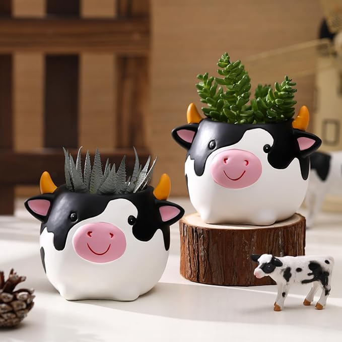 Sieral 2 Pcs Lovely Cow Succulent Pots with Drainage Cute Animal Plaster Planter Pots Plants Holder Cow Shaped Cactus Flower Container for Home Display and Office Desk Decoration