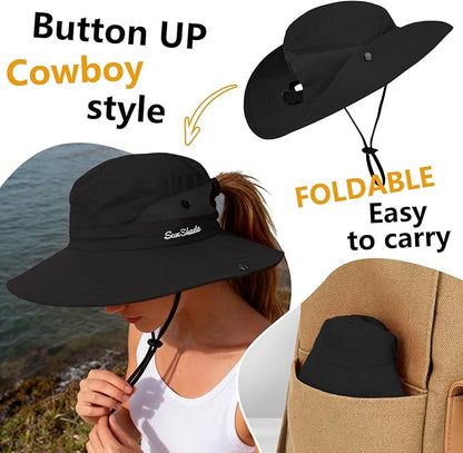 ZOORON Women's Ponytail Safari Sun Hat,Wide Brim UV Protection Outdoor Bucket Hat,Foldable Beach Summer Fishing Hat