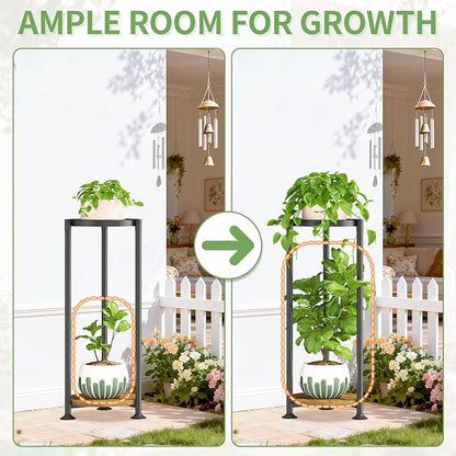 KMOTASUO 2 Tier Black Plant Stand Indoor for Large Tall Heavy Duty Planter, Multiple Sturdy Metal Flower Corner Rack for Narrow House Floor, Iron Vertical Level Round Orchi Holder Organizer, Modern