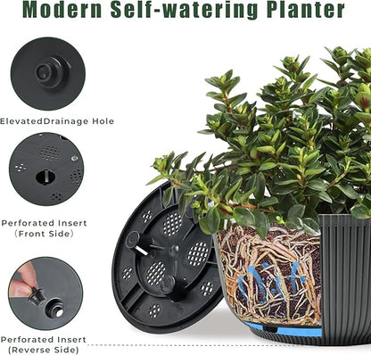 T4U 12 Inch Large Self Watering Plant Pots, Wide Self Watering Planter with Drainage Hole, Large Plant Pots Flower Pot for Plants, Set of 2,Gray
