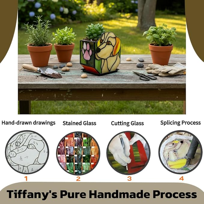 Handcrafted Stained Glass Dog Planter, Indoor Planters with Drainage and Tray, Small Pots for Succulents, Dog Memorial Gifts 4.6x3x5.15 in