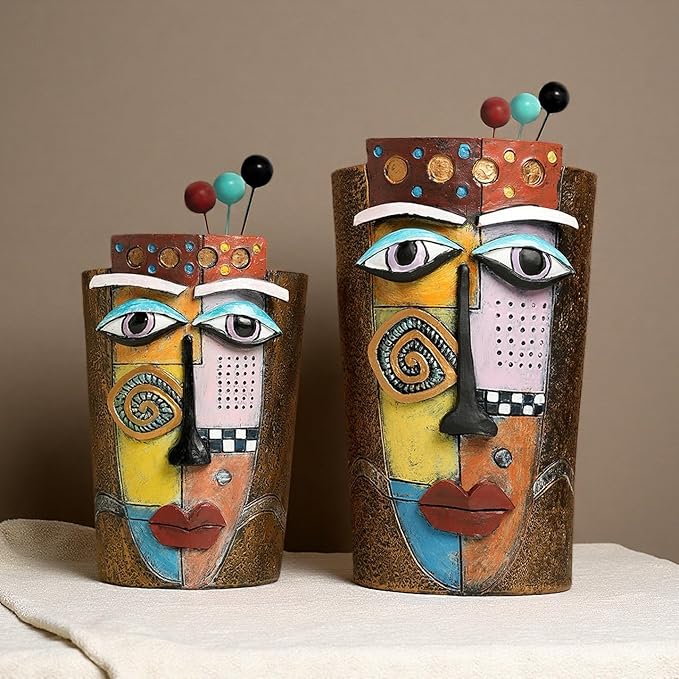 Picasso Abstract Face Flower Pot,Plant Pot with Facial Expressions,Handmade Resin Plant Pot with Drainage Holes,for Indoor and Outdoor Botanical Home décor (Brown Large)