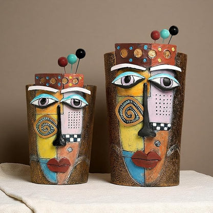 Picasso Abstract Face Flower Pot,Plant Pot with Facial Expressions,Handmade Resin Plant Pot with Drainage Holes,for Indoor and Outdoor Botanical Home décor (Brown Large)