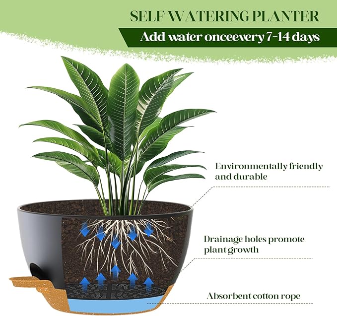 2 Pack 10 Inch Self Watering Hanging Planters for Indoor Plants, Large Black Brown Plastic Hanging Pots with Chains for Outdoor Patio Garden Home Decor (Black Brown)