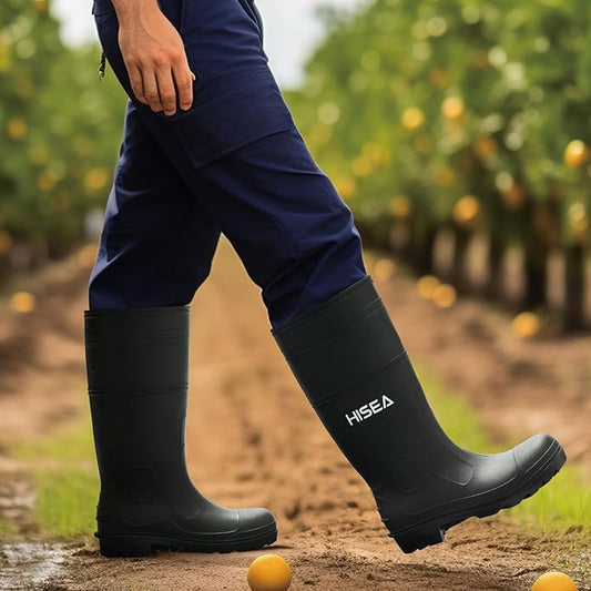 HISEA Men's Rain Boots PVC Rubber Boots with Steel Shank Waterproof Garden Fishing Outdoor Work Boots Durable Slip Resistant Mud Rainboots for Agriculture and Industrial Working