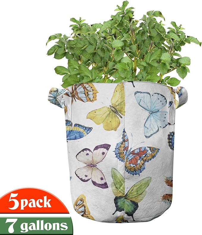 Ambesonne Butterfly Grow Bags 5-Pack, Watercolor Ethnic, Heavyduty Fabric Pots with Handles for Plants, Blue Yellow