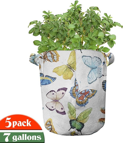 Ambesonne Butterfly Grow Bags 5-Pack, Watercolor Ethnic, Heavyduty Fabric Pots with Handles for Plants, Blue Yellow