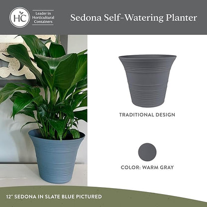 The HC Companies 14 Inch Sedona Round Self Watering Planter Pots, Lightweight UV-Resistant Plastic Indoor & Outdoor Planters, 2-Pack Flower Pots for Garden & Home Decor, Warm Gray