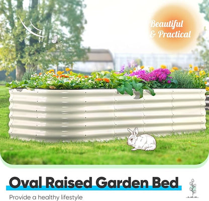 Quictent Galvanized Raised Garden Bed Kit, 6x3x2 ft Oval Metal Planter Box Tall for Vegetables Outdoor Backyard, Strengthened by Crossbar, Beige