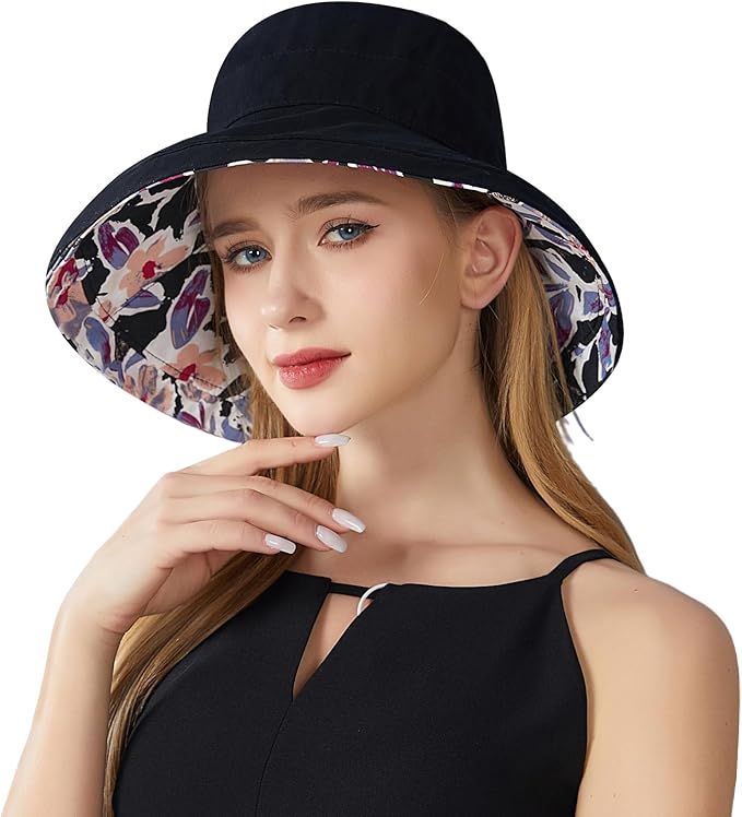 Wide Brim Women Sun Hat Summer Beach Bucket Fishing Hats Metal Wired Edge Packable UV Protection for Hiking Garden Travel