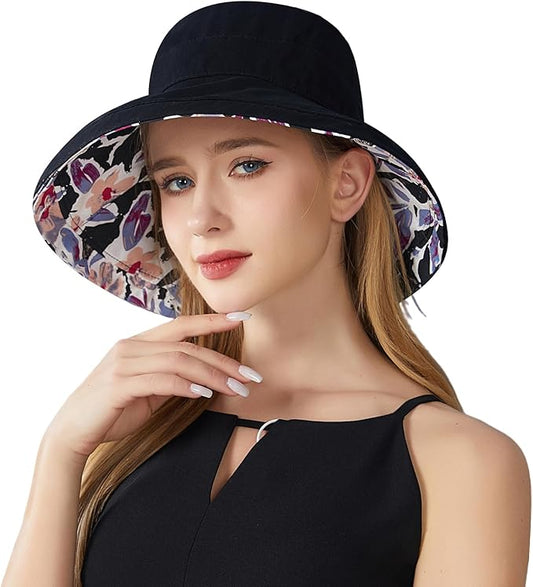 Wide Brim Women Sun Hat Summer Beach Bucket Fishing Hats Metal Wired Edge Packable UV Protection for Hiking Garden Travel