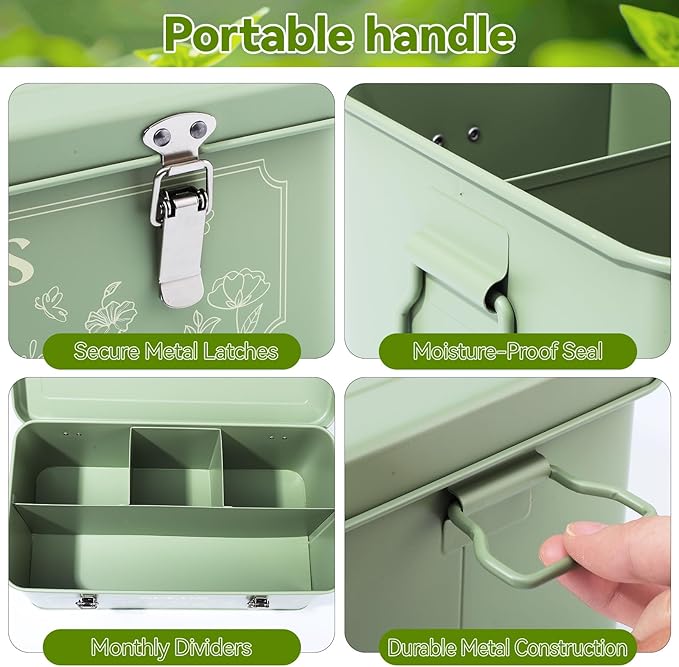 Pimoys Seed Storage Organizer, Metal Seed Saving Box with Lid, Seed Bank Container with 50 Labels 50 Envelopes 20 Plant Clips 32.8Ft Plant Tie, 4 Compartments Box Garden Seed Bin with Safety Locks