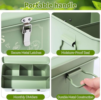 Pimoys Seed Storage Organizer, Metal Seed Saving Box with Lid, Seed Bank Container with 50 Labels 50 Envelopes 20 Plant Clips 32.8Ft Plant Tie, 4 Compartments Box Garden Seed Bin with Safety Locks