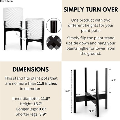 Fox & Fern Bamboo Plant Stand — 11.8 Inch Fixed Size Wooden Mid Century Plant Stand for Indoor Planters (Not Included) - Raised Flower Pot Holder for Indoor Big Pots - Plug In Design - Dark Bamboo