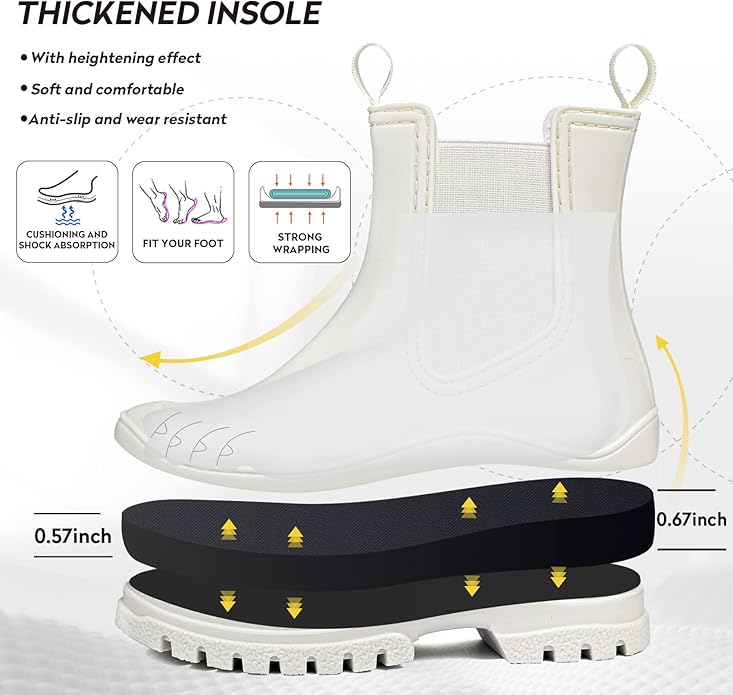 DKSUKO Rain Boots Women Waterproof Chelsea Boots Ankle Garden Shoes for Ladies Rubber Short Rainboots with Removable Comfort Insole for Outdoor Work Deck Mud Boots