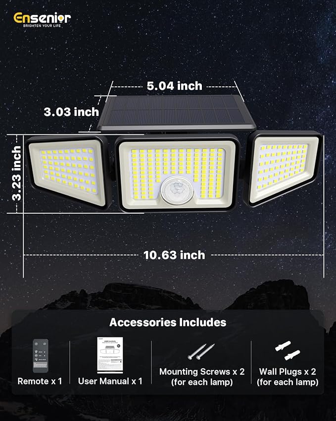 Ensenior Solar Lights Outdoor Motion Sensor, 220 LED High Brightness, 3 Head 270° Wide Angle Flood Lights, Remote Control Security Lights with 4 Modes, IP65 Waterproof Wireless Wall Light, 2 Pack