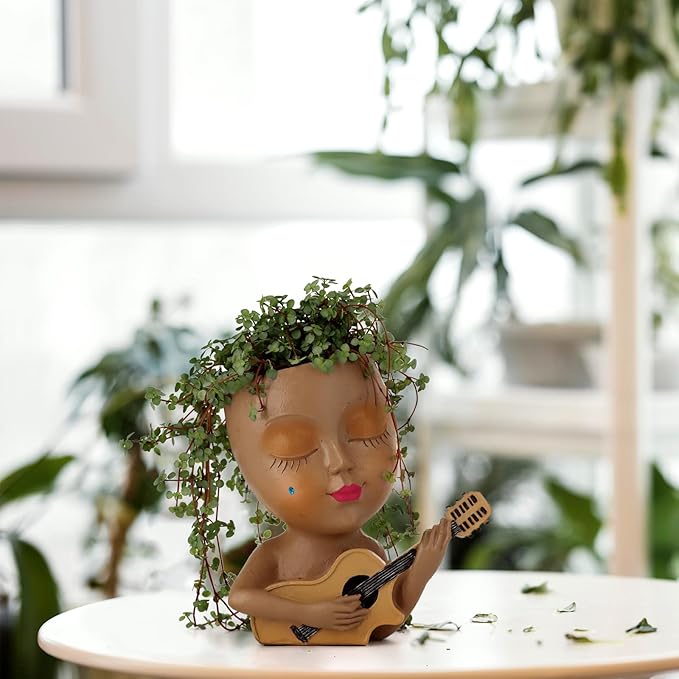 Face Planter Pot, Cute Girl Playing Guitar Head Planter for Indoor Plants, Unique Resin Succulent Pots with Drainage, Creative Music Lover Gifts for Guitarist Women Mom (Brown)