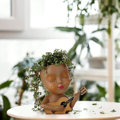 Face Planter Pot, Cute Girl Playing Guitar Head Planter for Indoor Plants, Unique Resin Succulent Pots with Drainage, Creative Music Lover Gifts for Guitarist Women Mom (Brown)