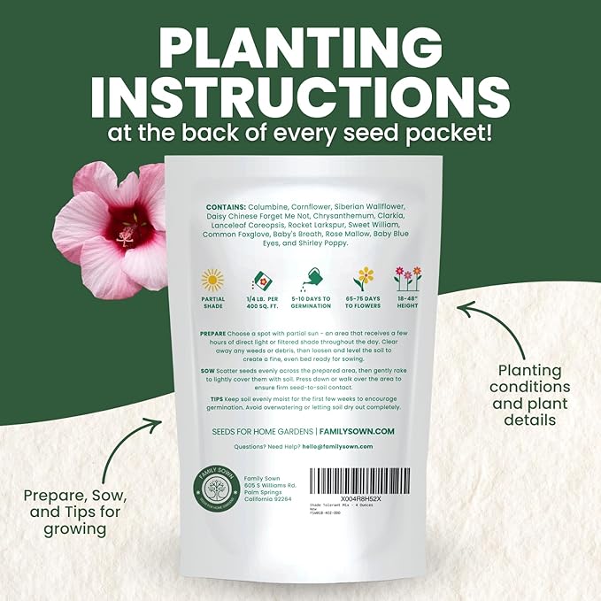 Shade Tolerant Mix – 56,000 Wildflower Seeds for Pollinator Gardens – 2026 Season – 4 Ounce Pouch