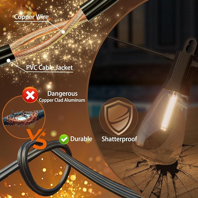 Outdoor String Lights 150ft, LED Patio Lights with 78 (75+3 Spare ST38 Shatterproof Bulbs), IP 65 Waterproof, Outside Hanging Light for Cafe Bistro Backyard (150 ft-78 Bulbs)