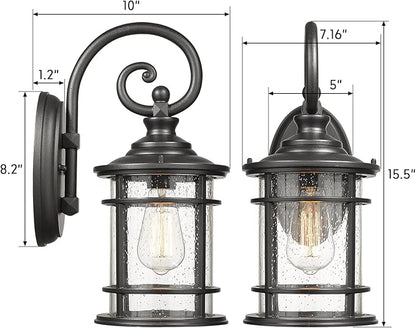 Emliviar Modern Outdoor Wall Lantern - Exterior Carriage Light for Garage Front Porch with Seeded Glass Shade, 15.5 Inch Height, Black Finish, XE229B BK