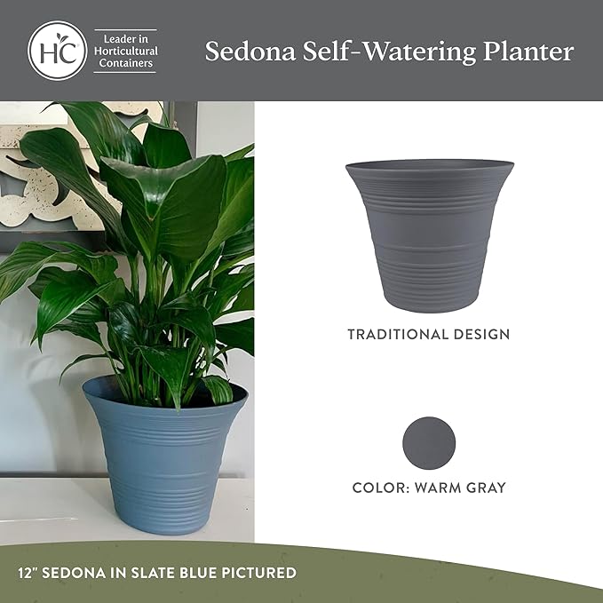 The HC Companies Sedona Round Self-Watering Pot - Lightweight Self Care Planter - Plastic Planter for Herbs & More - Durable Plant Pots for Indoor Plants & Outdoor Plants (9" Warm Gray, Pack of 1)
