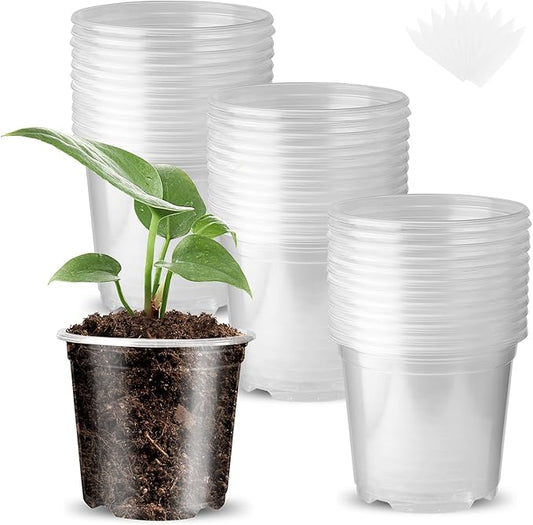 Wironlst 36 Packs 4 Inch Clear Nursery Pots for Plants, Transparent Plastic Pots for Plants with Drainage Holes Durable Seed Starter Pot Flower Pots with 36 Plant Labels