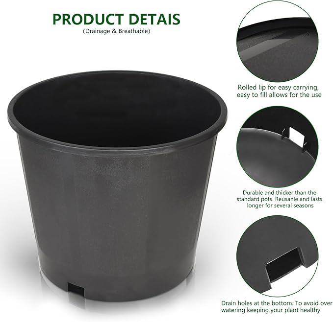 10-Pack 3.1 Gallon Round Planter Nursery Pots, Flower Plant Container Injection Molded Plastic Nursery Pots Gardening Pots for Indoor Outdoor Vegetables, Succulents, Black