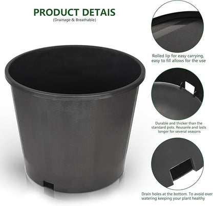 10-Pack 3.1 Gallon Round Planter Nursery Pots, Flower Plant Container Injection Molded Plastic Nursery Pots Gardening Pots for Indoor Outdoor Vegetables, Succulents, Black