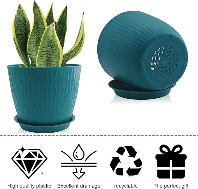 8/7/6 inch Plant Pots, 3 Pack Flower Pots for Outdoor Indoor Garden Plants, Large Planters with Multi Mesh Drainage Holes and Saucer (Black-Green, 8"+7"+6")