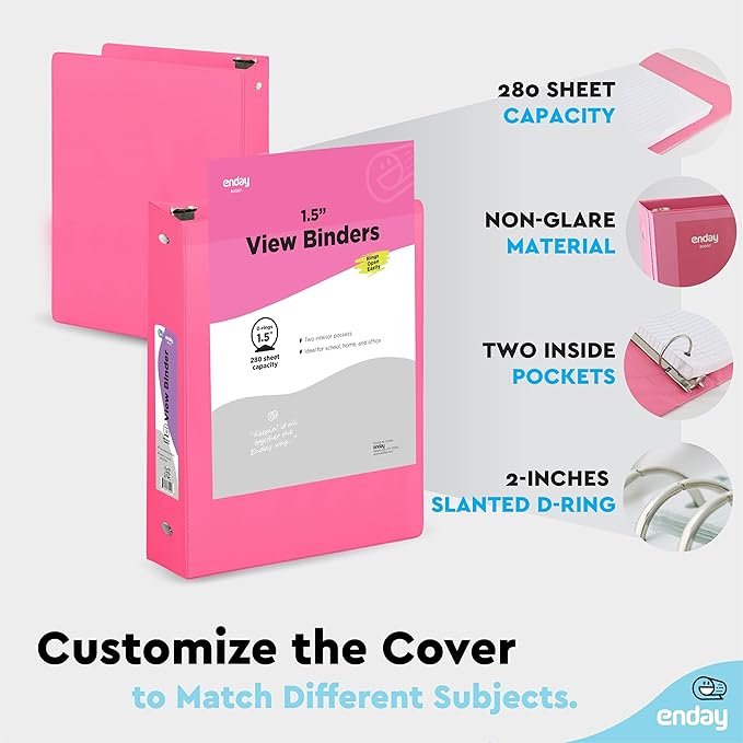 3 Ring Binder 1.5 Inch Pink, 1 ½ inch Binder Clear View Cover with 2 Inside Pockets, Colored School Supplies Office and Home – by Enday