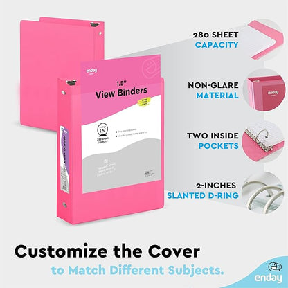 3 Ring Binder 1.5 Inch Pink, 1 ½ inch Binder Clear View Cover with 2 Inside Pockets, Colored School Supplies Office and Home – by Enday