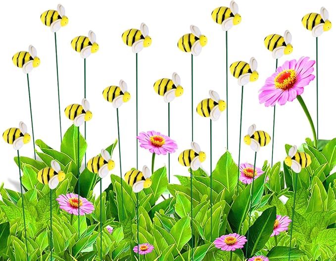 Bee Garden Stakes Decor, Metal Plant Garden Decor Yard Art, Cute Bee Design Decorative Garden Stakes for Garden Lawn Corridor Plant Pot, Flower Bed Decor Yellow (20Pcs)