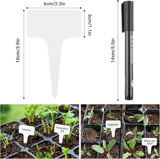 Greaner 4 Inch T-Type Plant Labels, 6x10cm White Nursery Garden Labels, Plastic Plant Tags for Outdoor Garden Waterproof, Reusable Plant Signs for Outdoor Indoor Nursery Potted with A Marker Pen