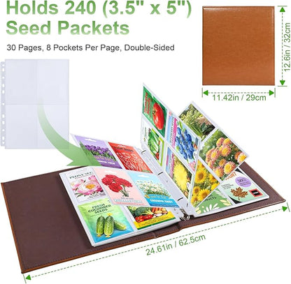 A4 3 Ring Binder Garden Seeds Storage Album with 30 Pcs 3.5x5” Seed Packet Sleeves, PU Leather Hardcover Organization Book for Seed Packet，Photo, Index Card，240 Top Loading Pockets Capacity