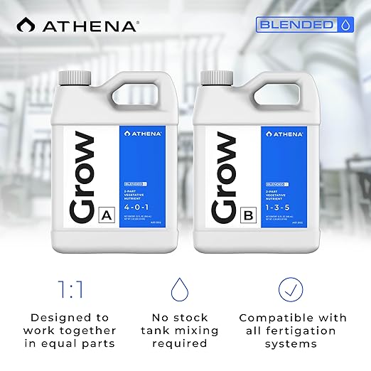 Athena Blended Grow A&B | 2-Part Vegetative Liquid Fertilizer for Hydroponics & Soil | Plant Food for Veg Stage Growth | NPK A 4-0-1 | B 1-3-5 | 32 Ounce