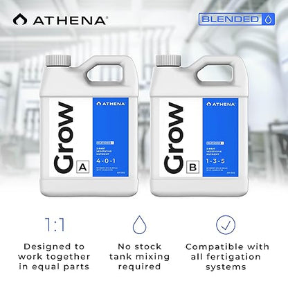 Athena Blended Grow A&B | 2-Part Vegetative Liquid Fertilizer for Hydroponics & Soil | Plant Food for Veg Stage Growth | NPK A 4-0-1 | B 1-3-5 | 32 Ounce