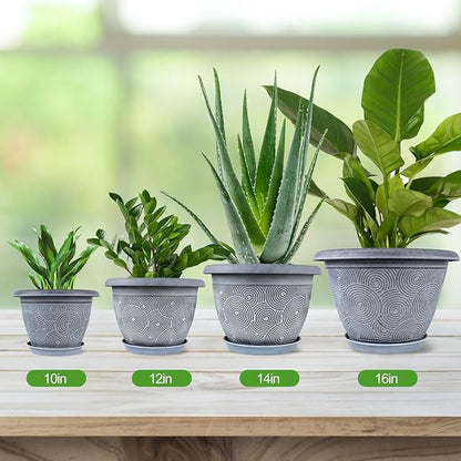 12 Inch Large Planter Pot for Plants Indoor Outdoor, 4 Pack Plastic Flower Pots with Drainage Hole & Tray, Modern Decorative Garden Pot with Saucer, Plant Container for House