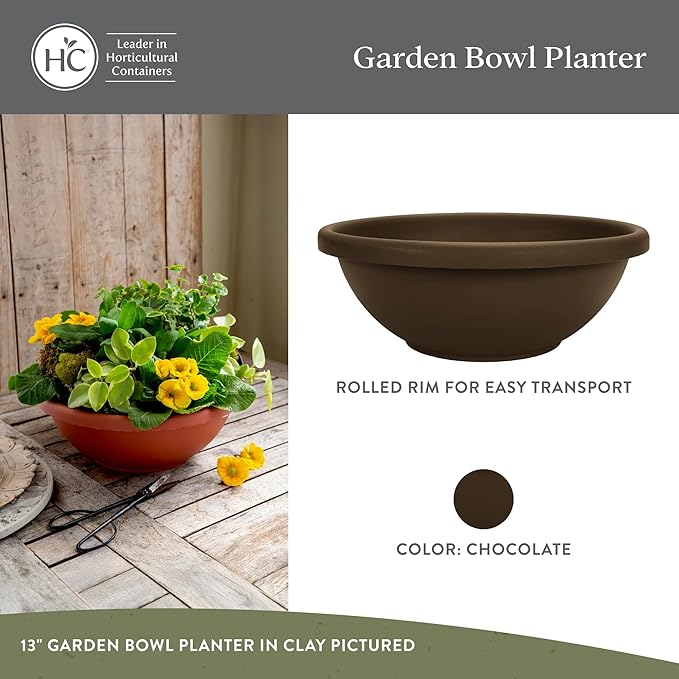 The HC Companies 15.5 Inch Garden Bowl Planter - Shallow Plant Pot with Drainage Plug for Indoor Outdoor Flowers, Herbs, Chocolate