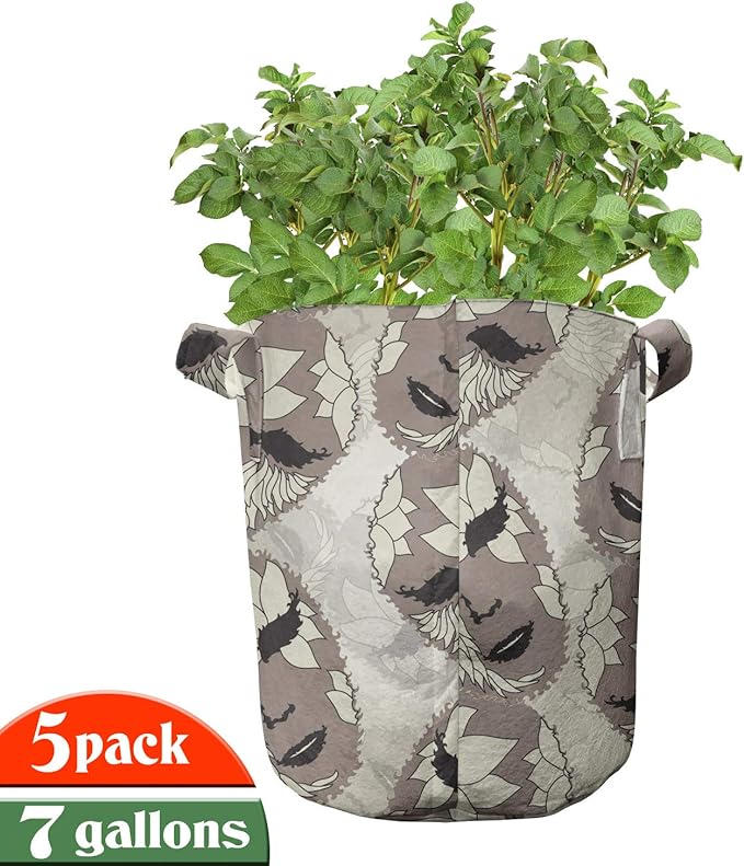 Ambesonne Colorful Grow Bags 5-Pack, Carnival Feathers, Heavyduty Fabric Pots with Handles for Plants, Eggshell
